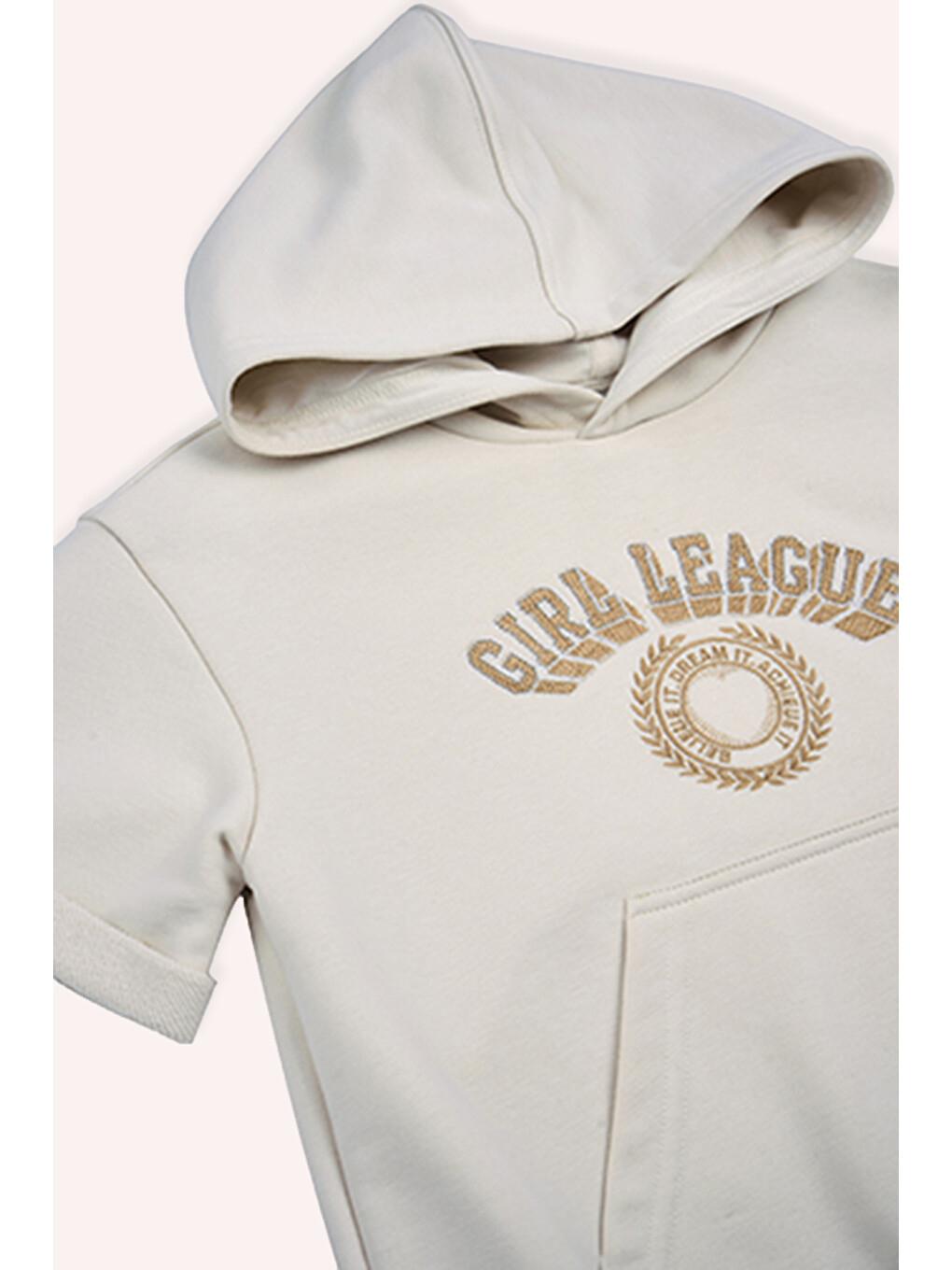 Kız Çocuk Kapüşonlu Kısa Kollu Ön Bedeni Simli Nakışlı Cepli Bej Sweatshirt-1