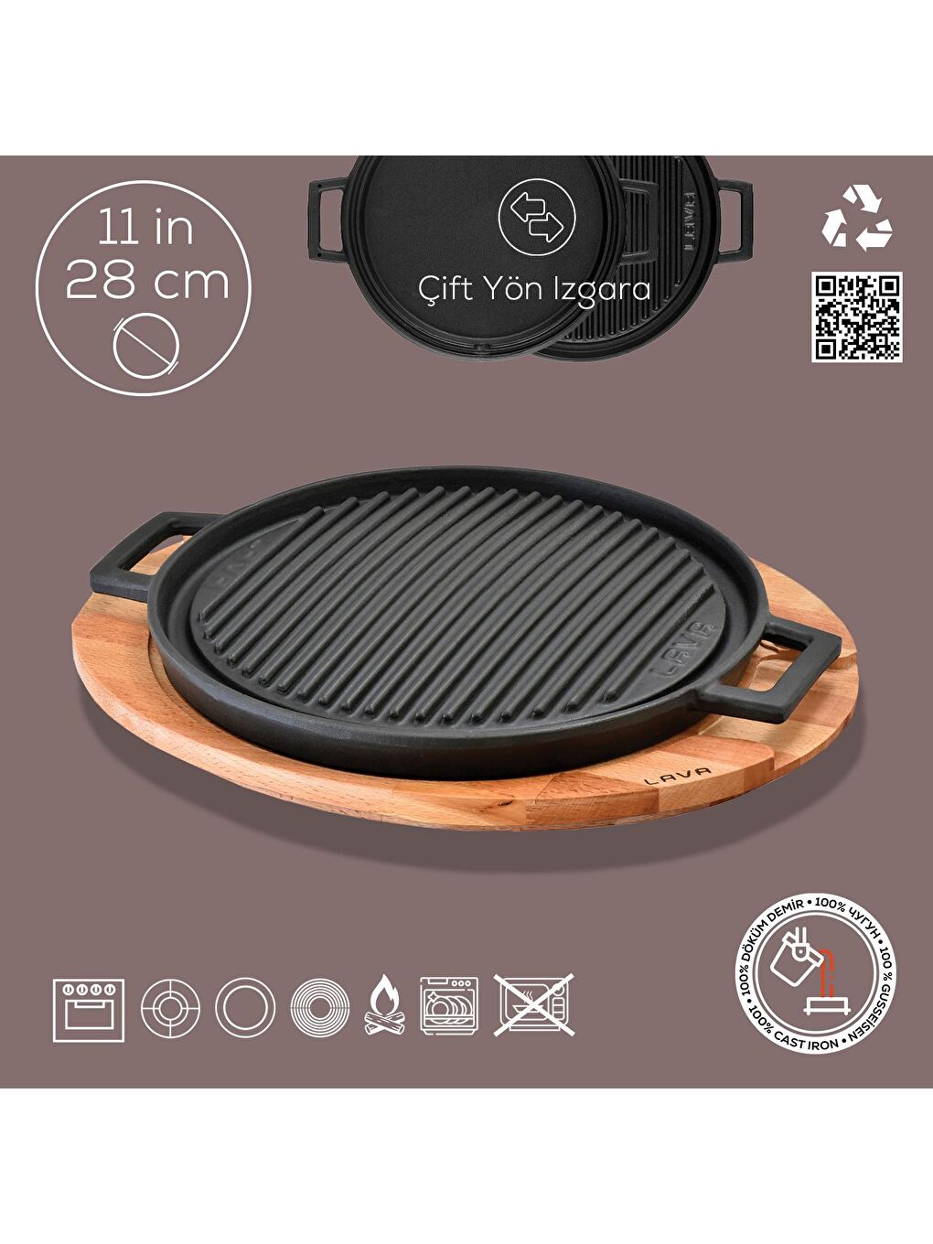 Siyah Yuvarlak Çift Yön Izgara Tavası Kayın Servis Ahşabı Döküm Demir Yekpare Çift Kulplu Çap(Ø)28cm.-2