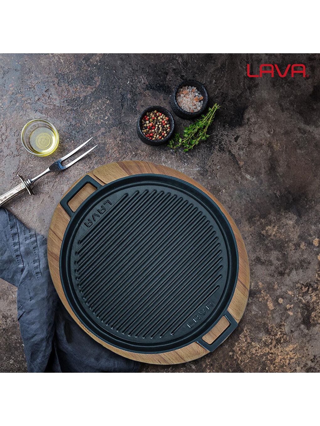 Siyah Yuvarlak Çift Yön Izgara Tavası Kayın Servis Ahşabı Döküm Demir Yekpare Çift Kulplu Çap(Ø)28cm.-5