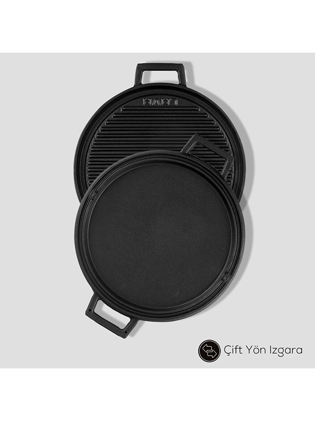 Siyah Yuvarlak Çift Yön Izgara Tavası Kayın Servis Ahşabı Döküm Demir Yekpare Çift Kulplu Çap(Ø)28cm.-6