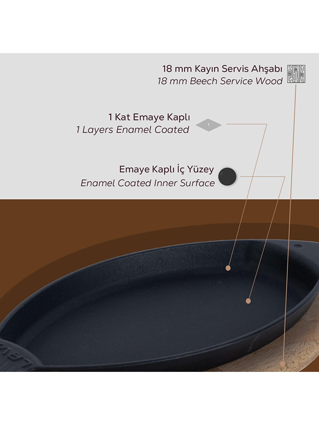 LAVA Siyah Balık Tabağı Döküm Demir Yekpare Kulplu Kayın Servis Ahşabı Ölçü 15x24cm. - 4