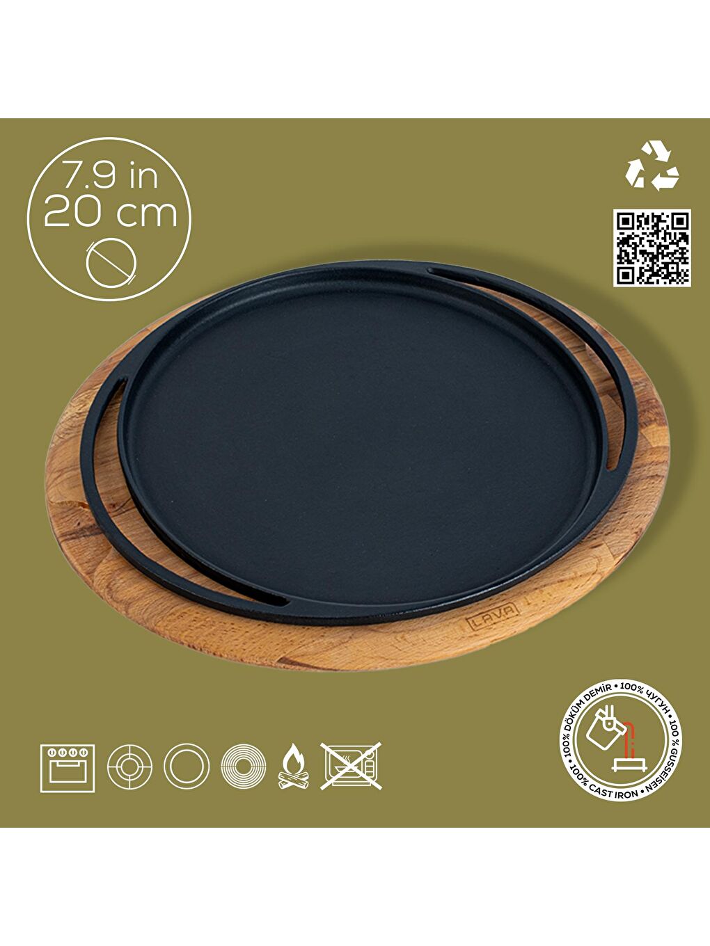 Siyah Yuvarlak Pizza Krep Pankek Tavası Döküm Demir Yekpare Çift Kulplu Kayın Servis Ahşabı Çap(Ø)20cm.-3