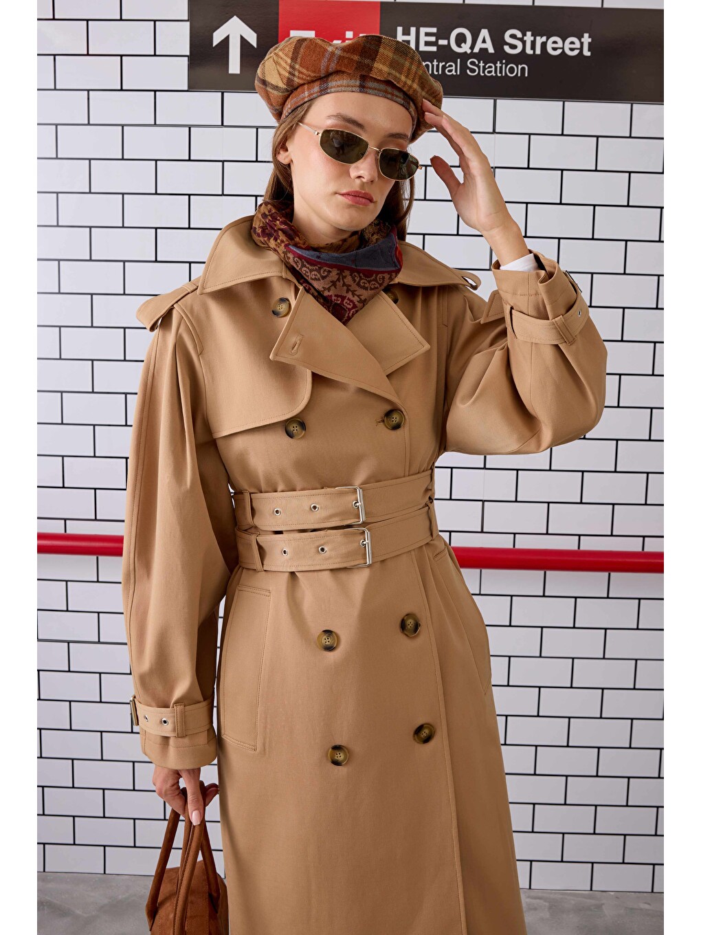 Kahverengi Çift Kemerli Trençkot Camel-2