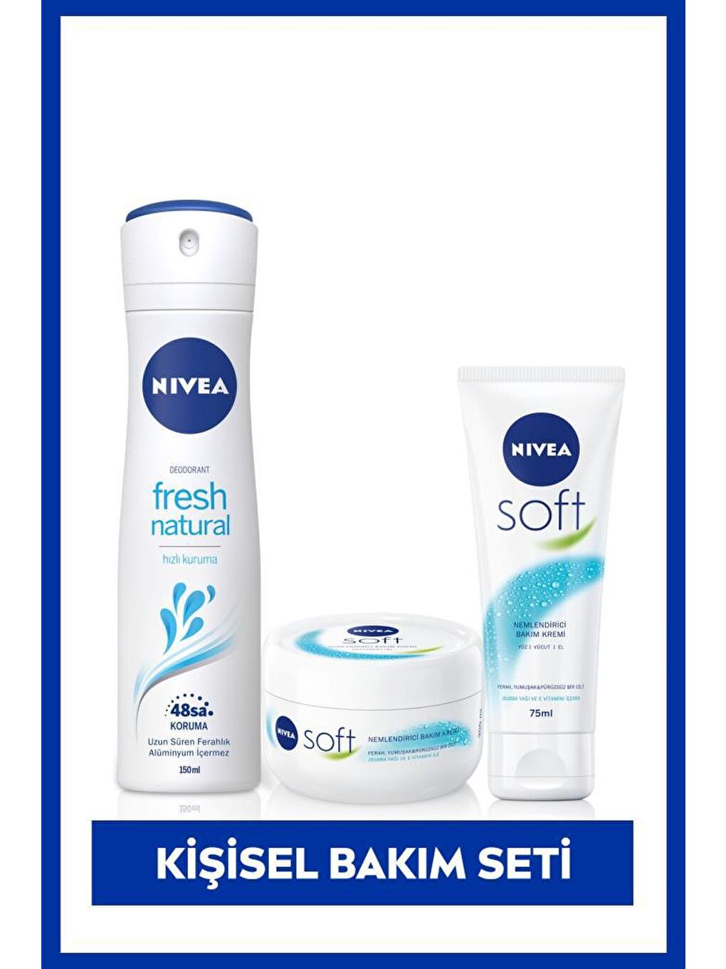 NIVEA Şeffaf Kadın Sprey Deodorant Fresh Natural 150 ml,Soft Nemlendirici El,Yüz,Vücut Krem 300 ml,El Kremi 75 ml