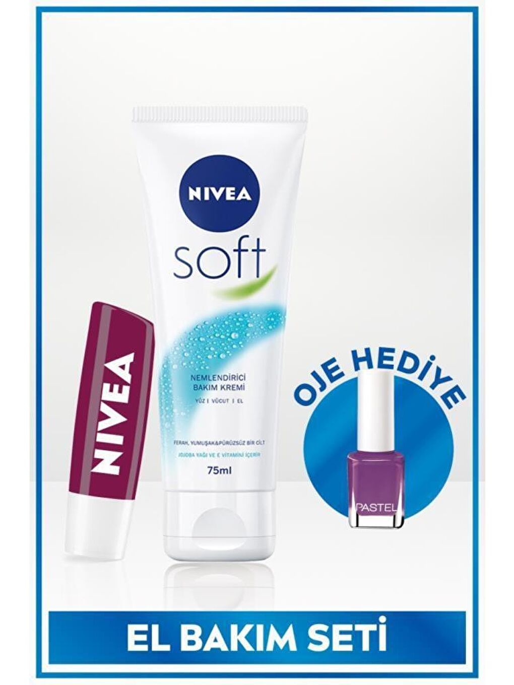 NIVEA Şeffaf Soft El Kremi 75 ml, Dudak Nemlendirici Böğürtlen 4, 8Gr, Oje Hediye