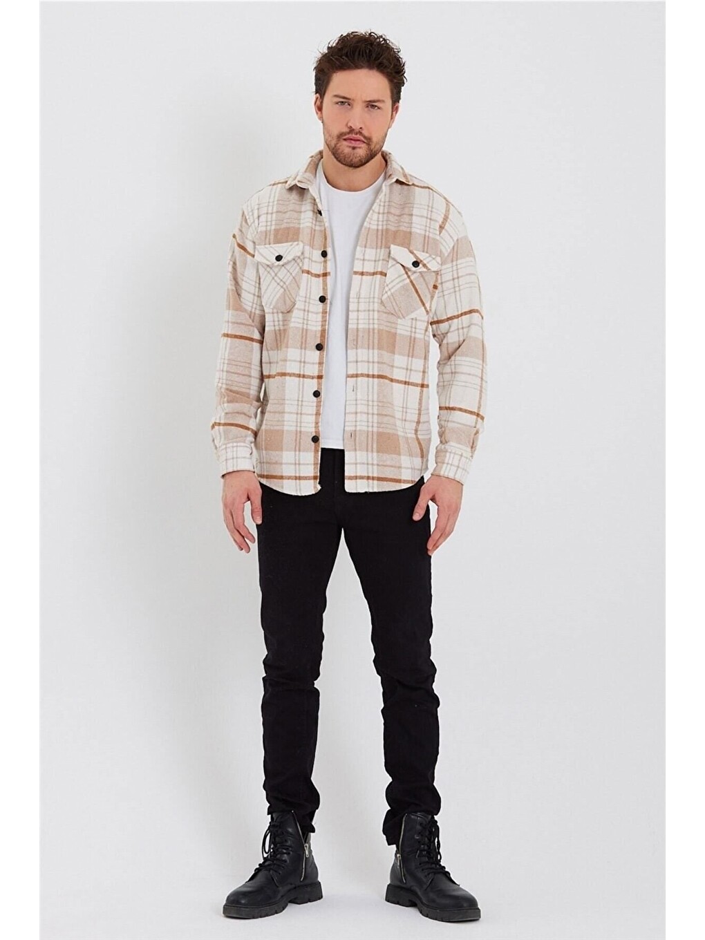 Erkek Kırık Beyaz Turuncu Çift Cep Kapaklı Slim Fit Oduncu Gömlek-1
