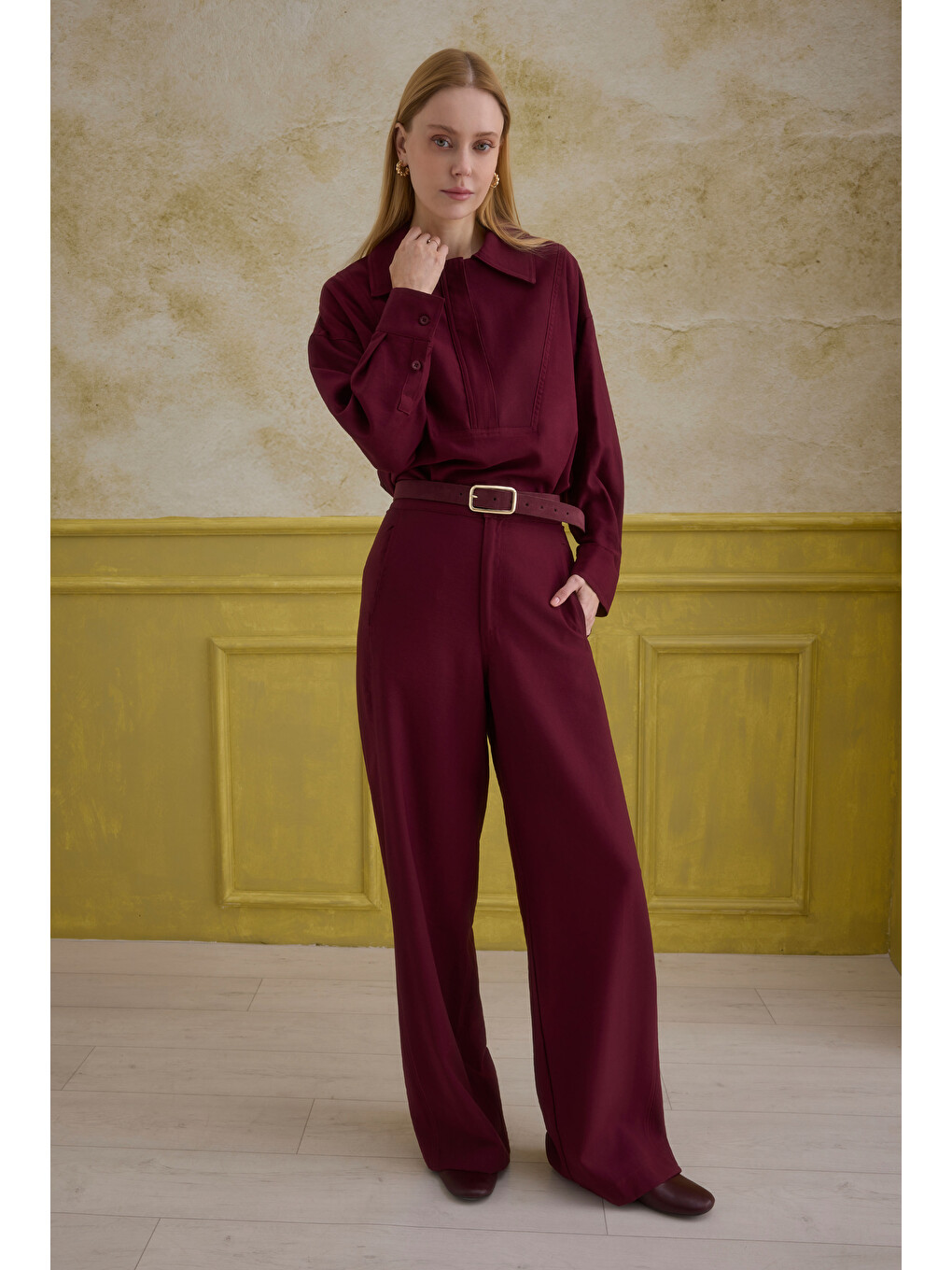 Düz Kesim Pantolon Bordo-2