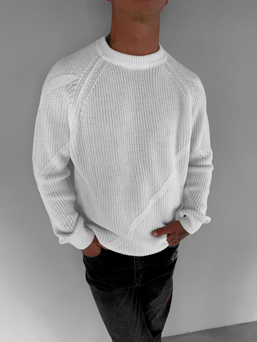 Erkek Yuvarlak Yaka Rahat Kalıp Basic Kazak Ekru-1