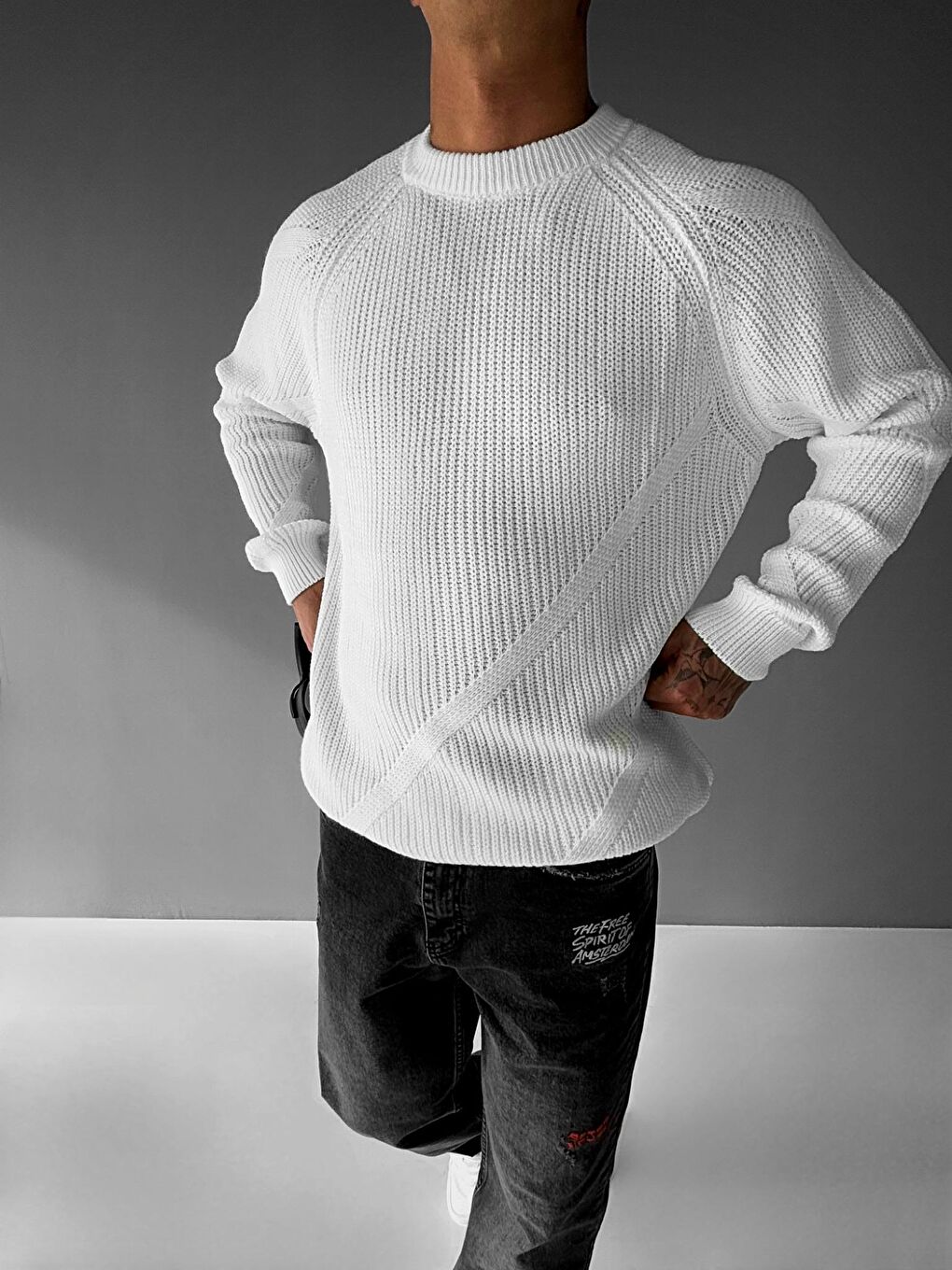 Erkek Yuvarlak Yaka Rahat Kalıp Basic Kazak Ekru-2