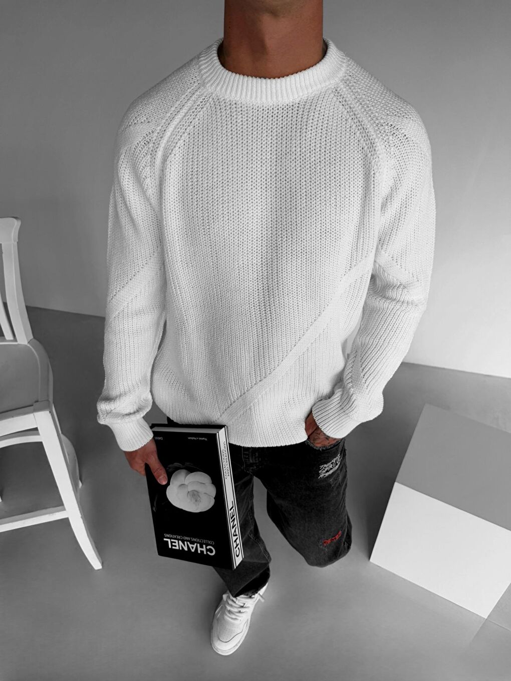 Erkek Yuvarlak Yaka Rahat Kalıp Basic Kazak Ekru-3