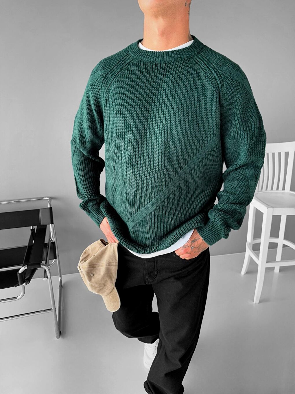 Erkek Yuvarlak Yaka Rahat Kalıp Basic Kazak Yeşil-1