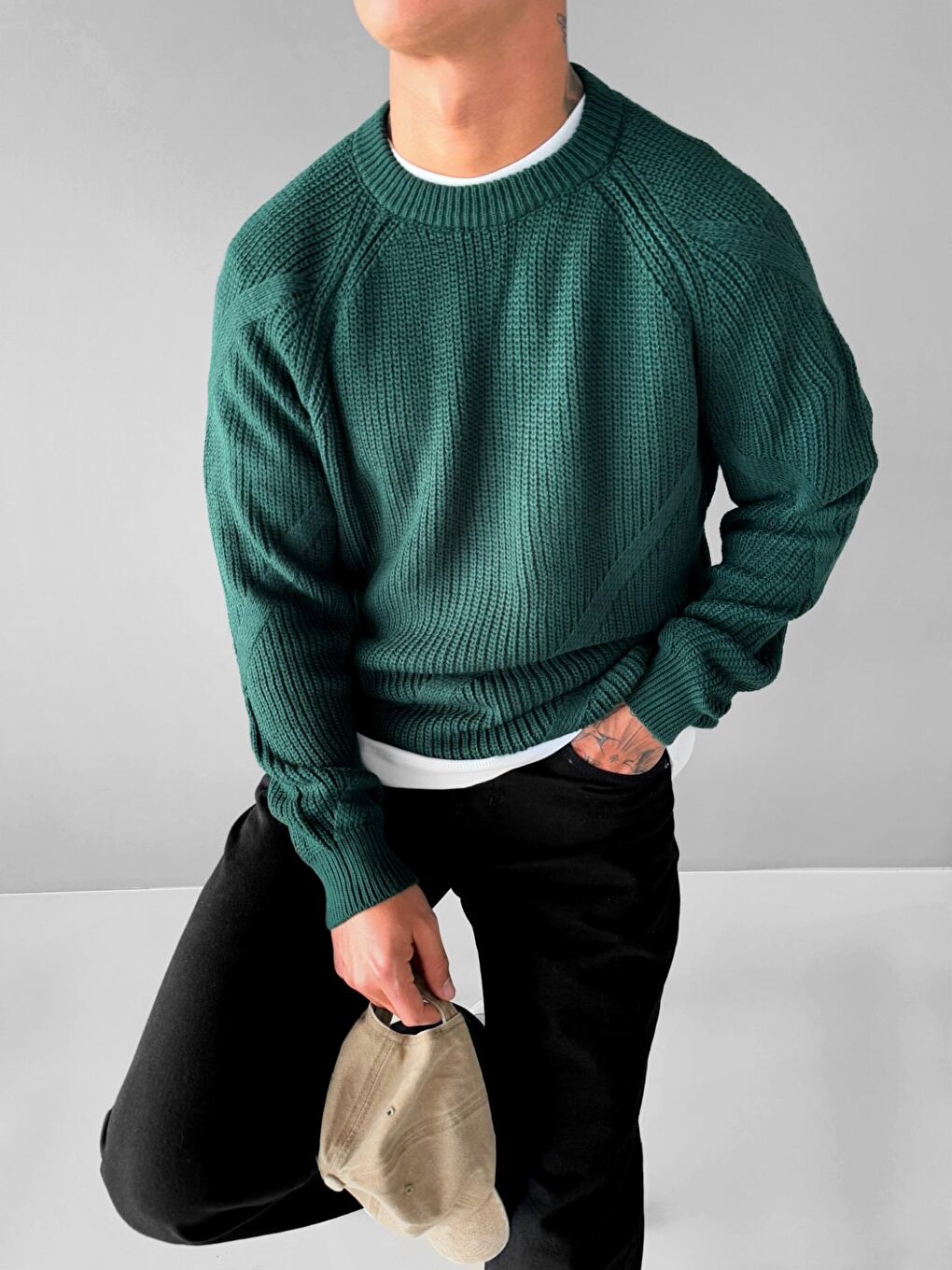 Erkek Yuvarlak Yaka Rahat Kalıp Basic Kazak Yeşil-2