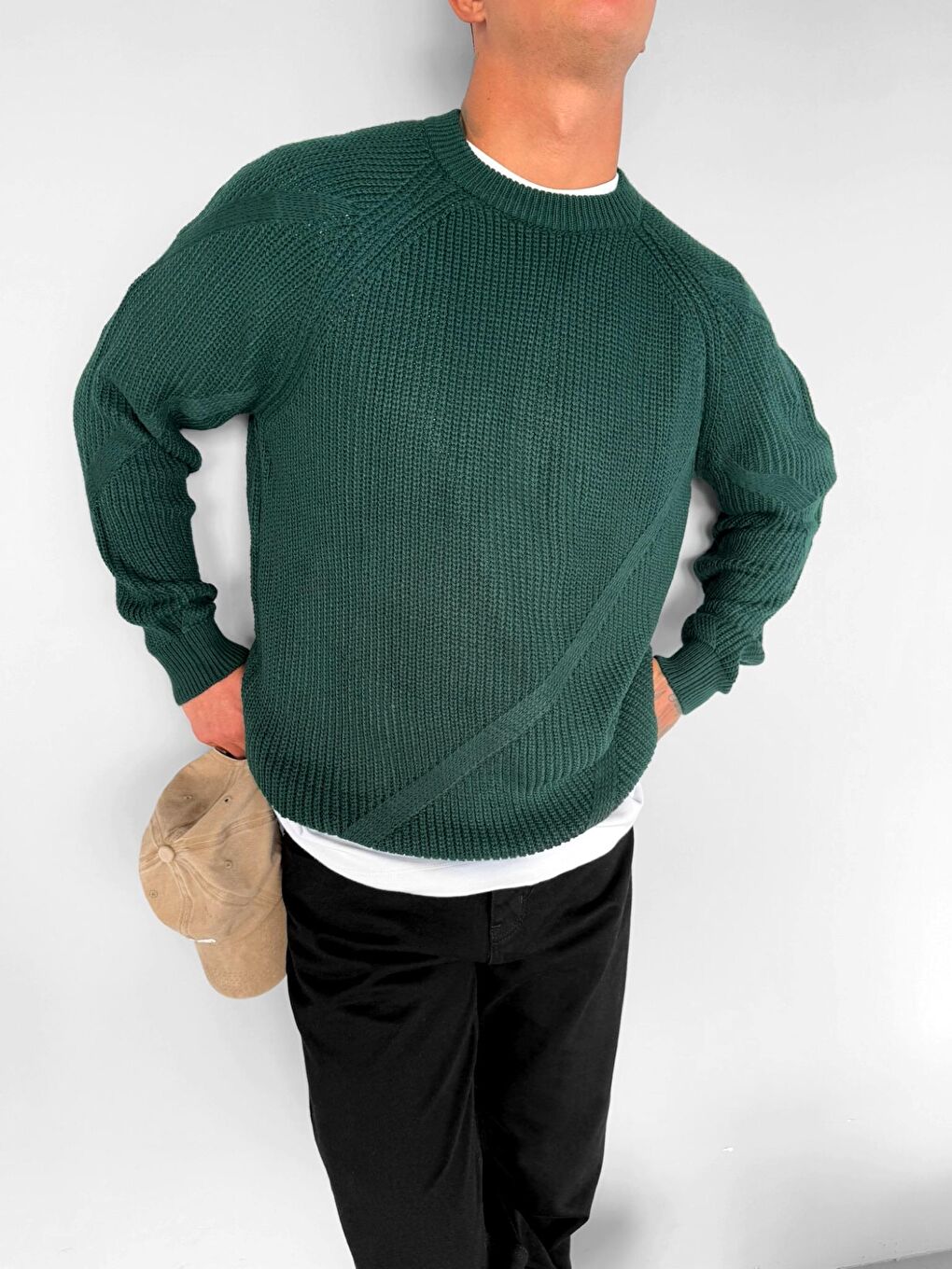 Erkek Yuvarlak Yaka Rahat Kalıp Basic Kazak Yeşil-3