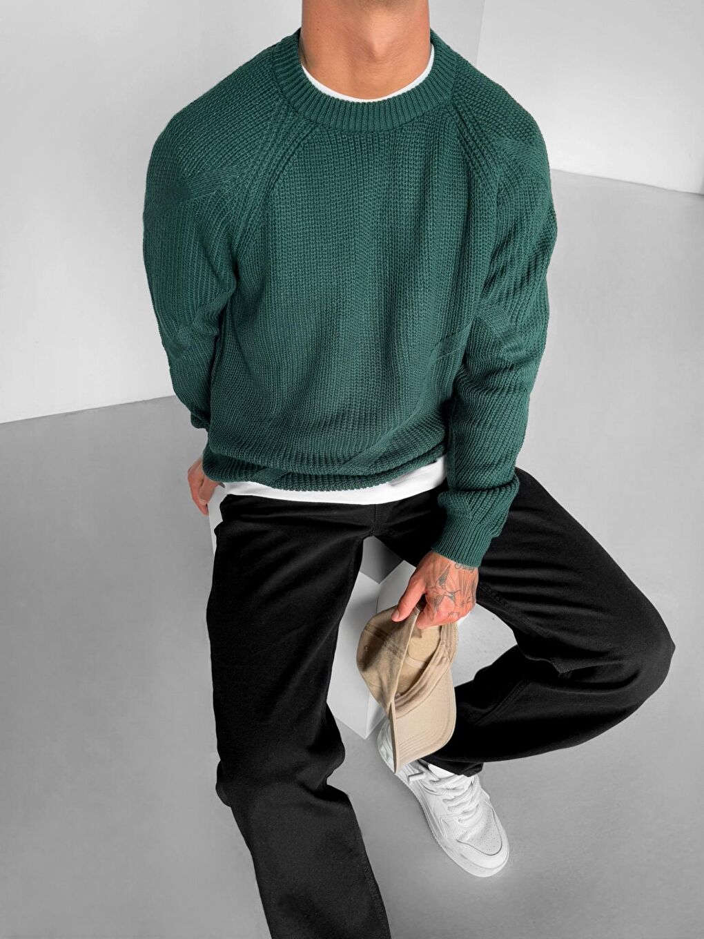 Erkek Yuvarlak Yaka Rahat Kalıp Basic Kazak Yeşil-4