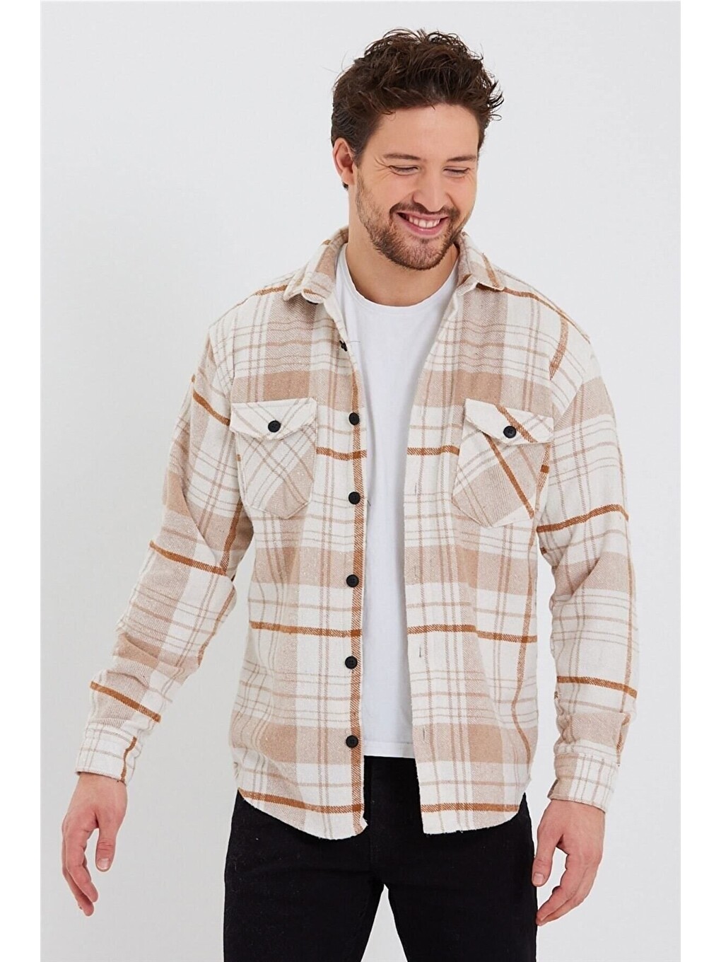 Erkek Kırık Beyaz Turuncu Çift Cep Kapaklı Slim Fit Oduncu Gömlek-2