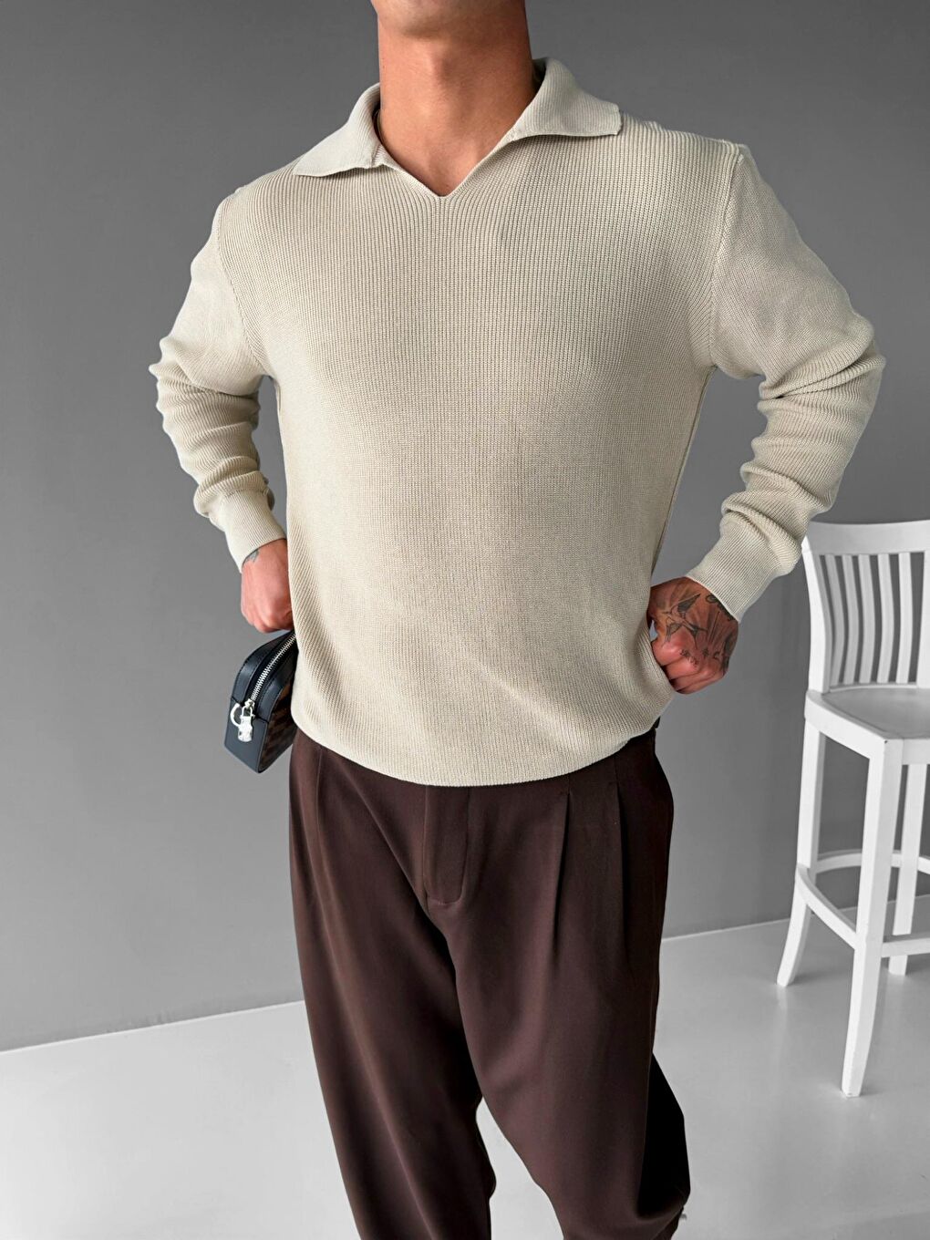 Erkek Polo V Yaka Slim Fit Basic Kazak Bej-2