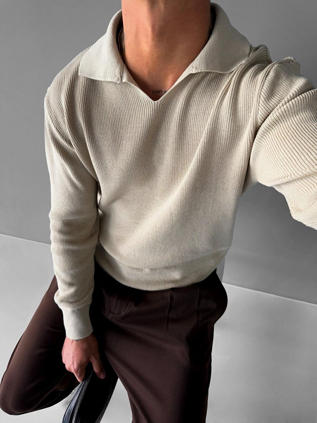 Erkek Polo V Yaka Slim Fit Basic Kazak Bej-3