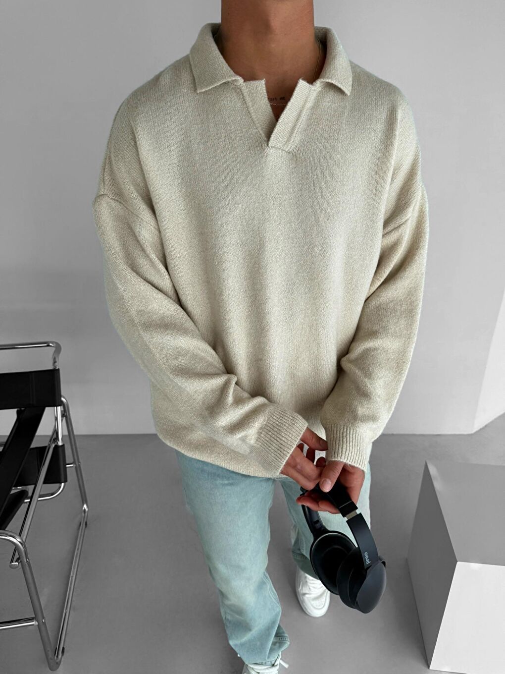 Bej Unisex Polo Yaka Yumuşak Dokulu Oversize Kazak Taş