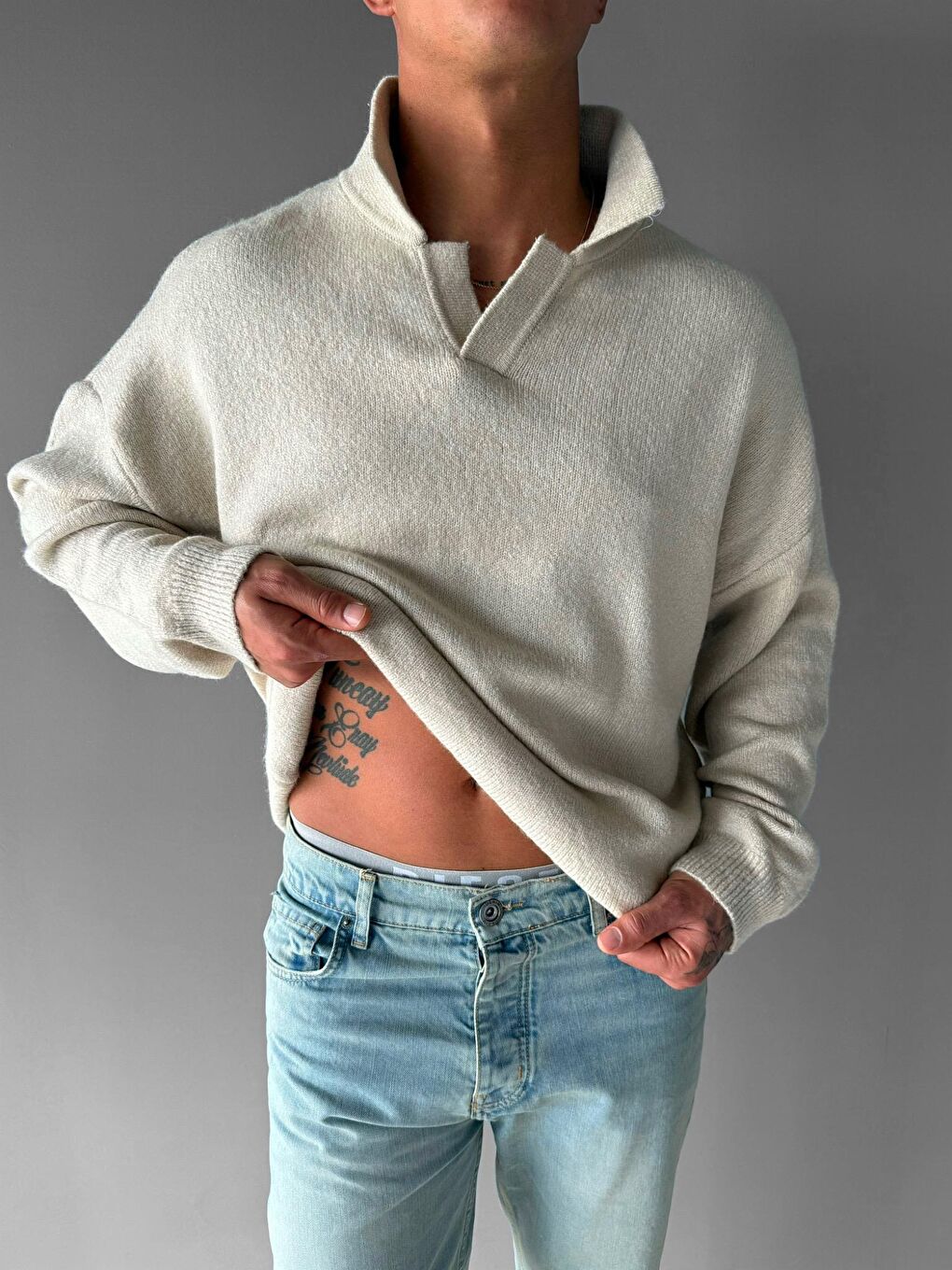 Bej Unisex Polo Yaka Yumuşak Dokulu Oversize Kazak Taş-1