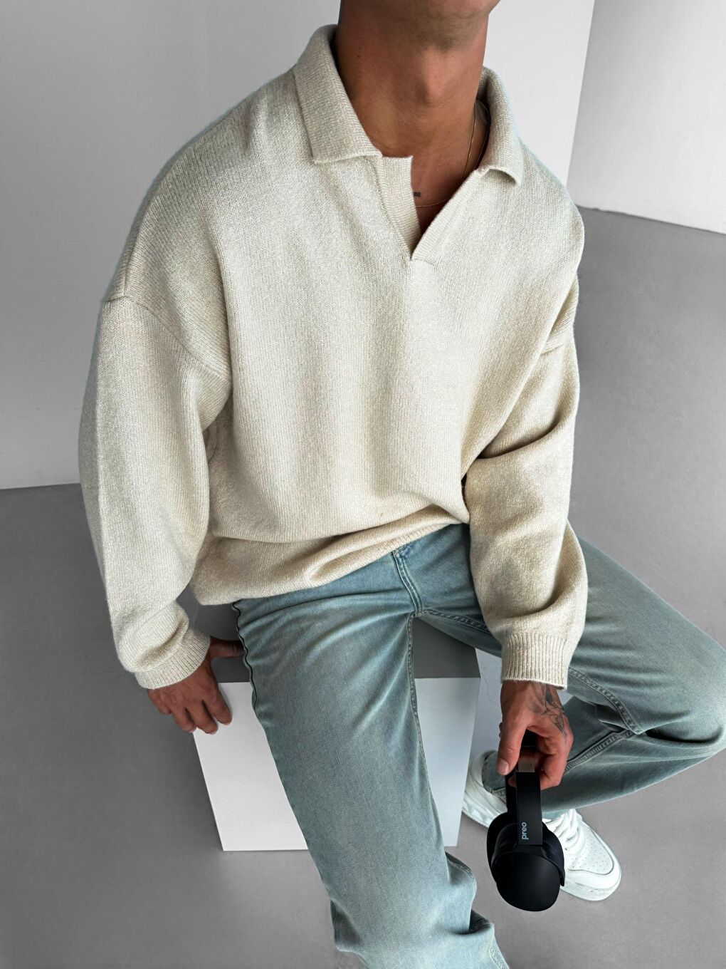 Bej Unisex Polo Yaka Yumuşak Dokulu Oversize Kazak Taş-2