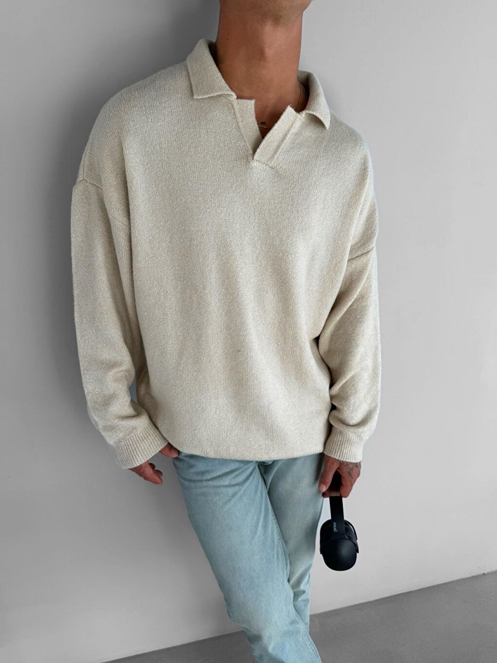 Bej Unisex Polo Yaka Yumuşak Dokulu Oversize Kazak Taş-3