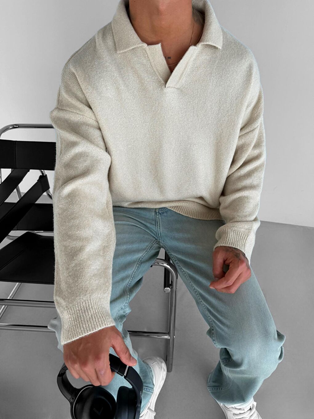 Bej Unisex Polo Yaka Yumuşak Dokulu Oversize Kazak Taş-4