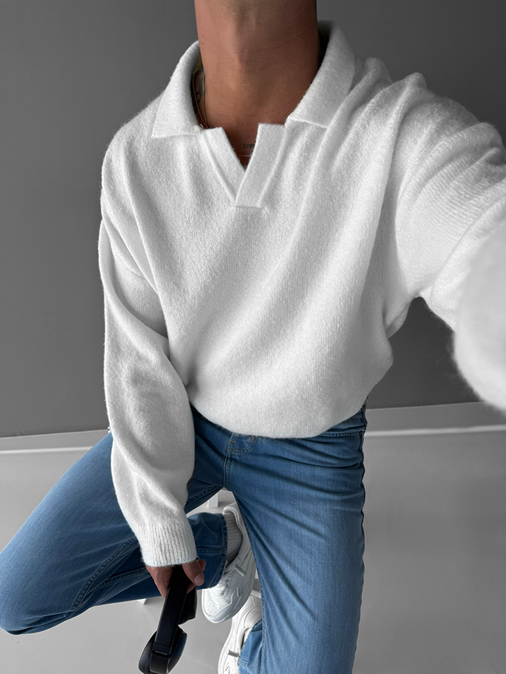 Unisex Polo Yaka Yumuşak Dokulu Oversize Kazak Ekru