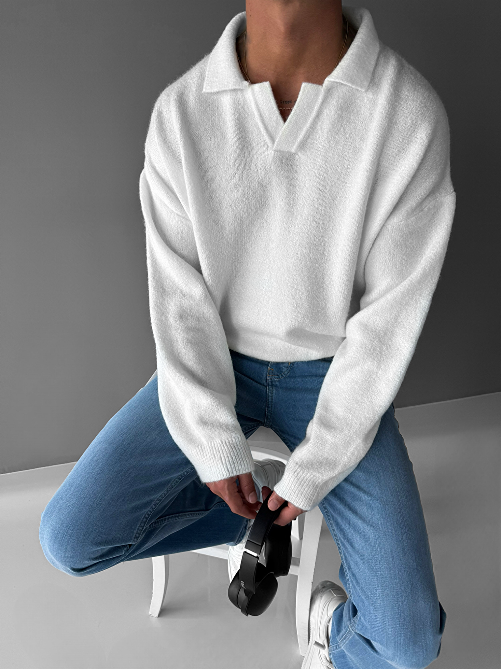 Unisex Polo Yaka Yumuşak Dokulu Oversize Kazak Ekru-1