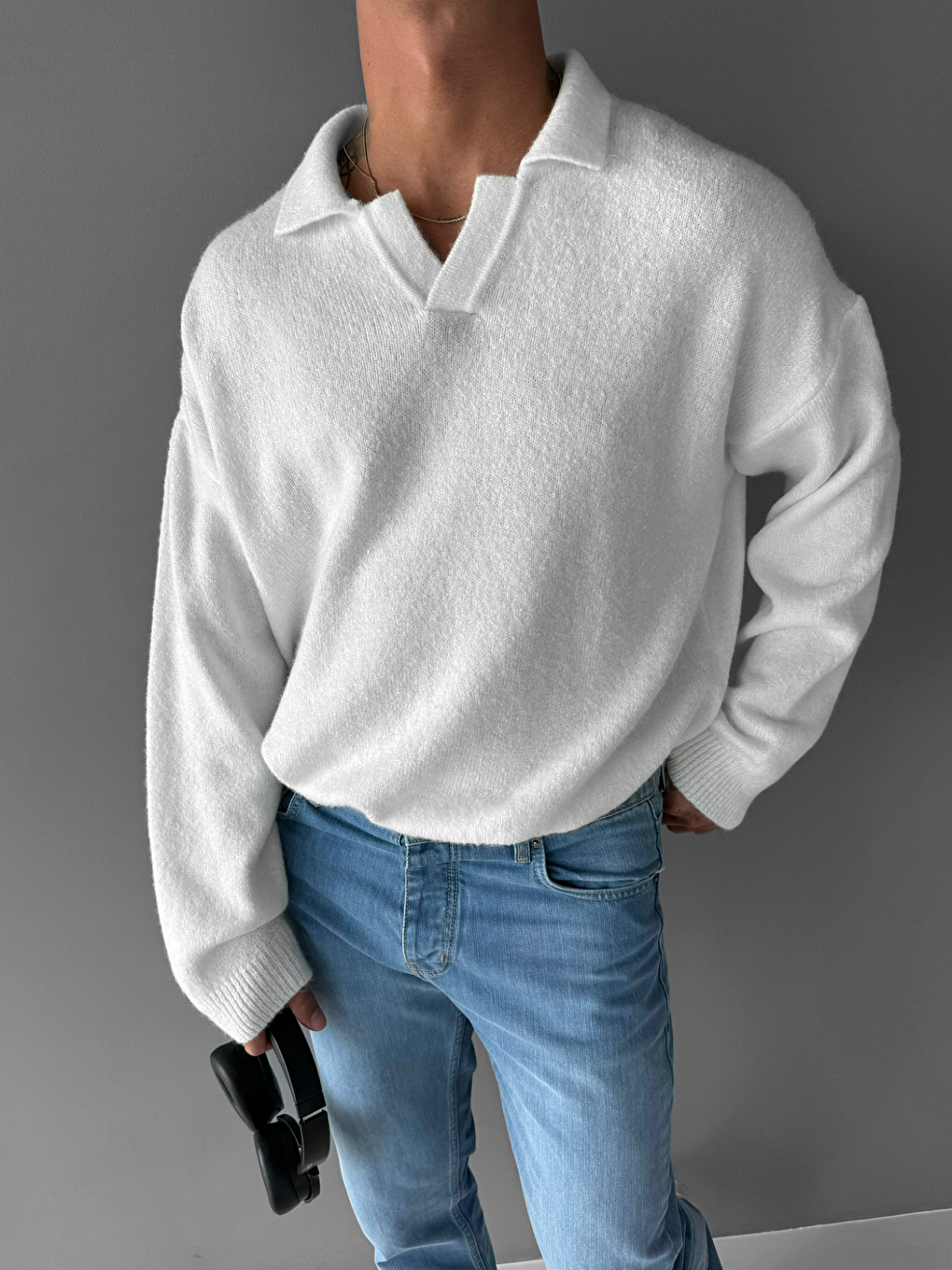 Unisex Polo Yaka Yumuşak Dokulu Oversize Kazak Ekru-2