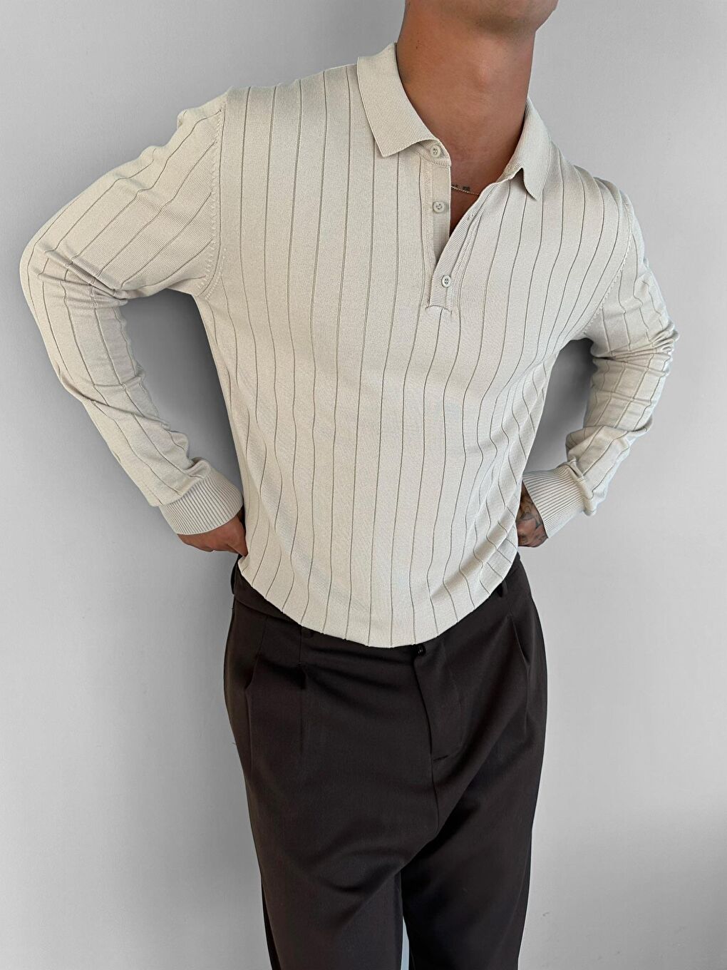 Erkek Polo Yaka Düğmeli Fitilli Triko Kazak Bej-1