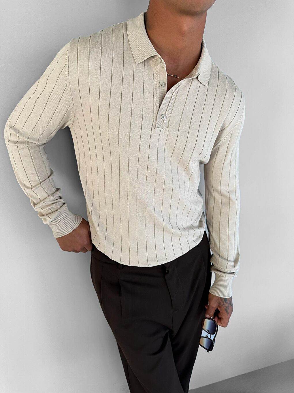 Erkek Polo Yaka Düğmeli Fitilli Triko Kazak Bej-2