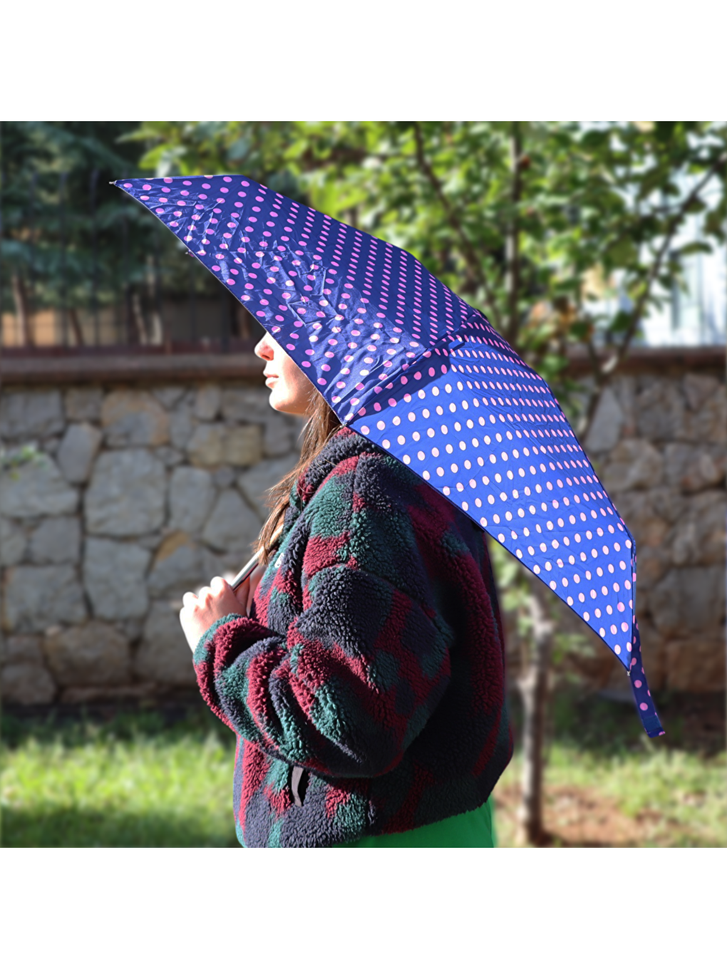 Biggdesign Moods Up Pembe Puantiyeli Lacivert Manuel Mini Şemsiye - Rüzgara Dayanıklı, Hafif, Renkli - 3