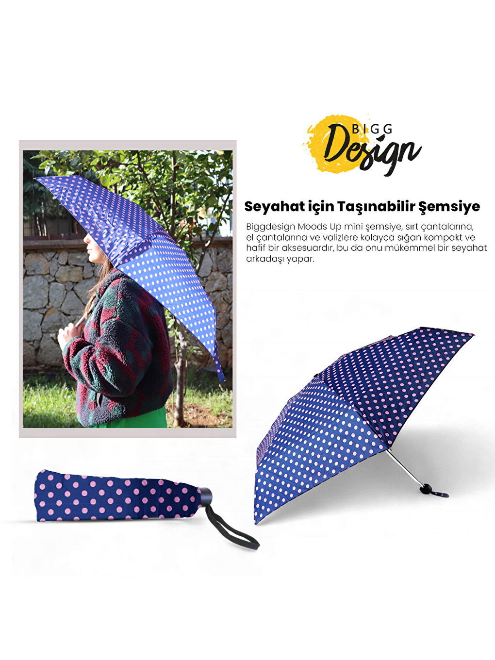 Biggdesign Moods Up Pembe Puantiyeli Lacivert Manuel Mini Şemsiye - Rüzgara Dayanıklı, Hafif, Renkli - 5