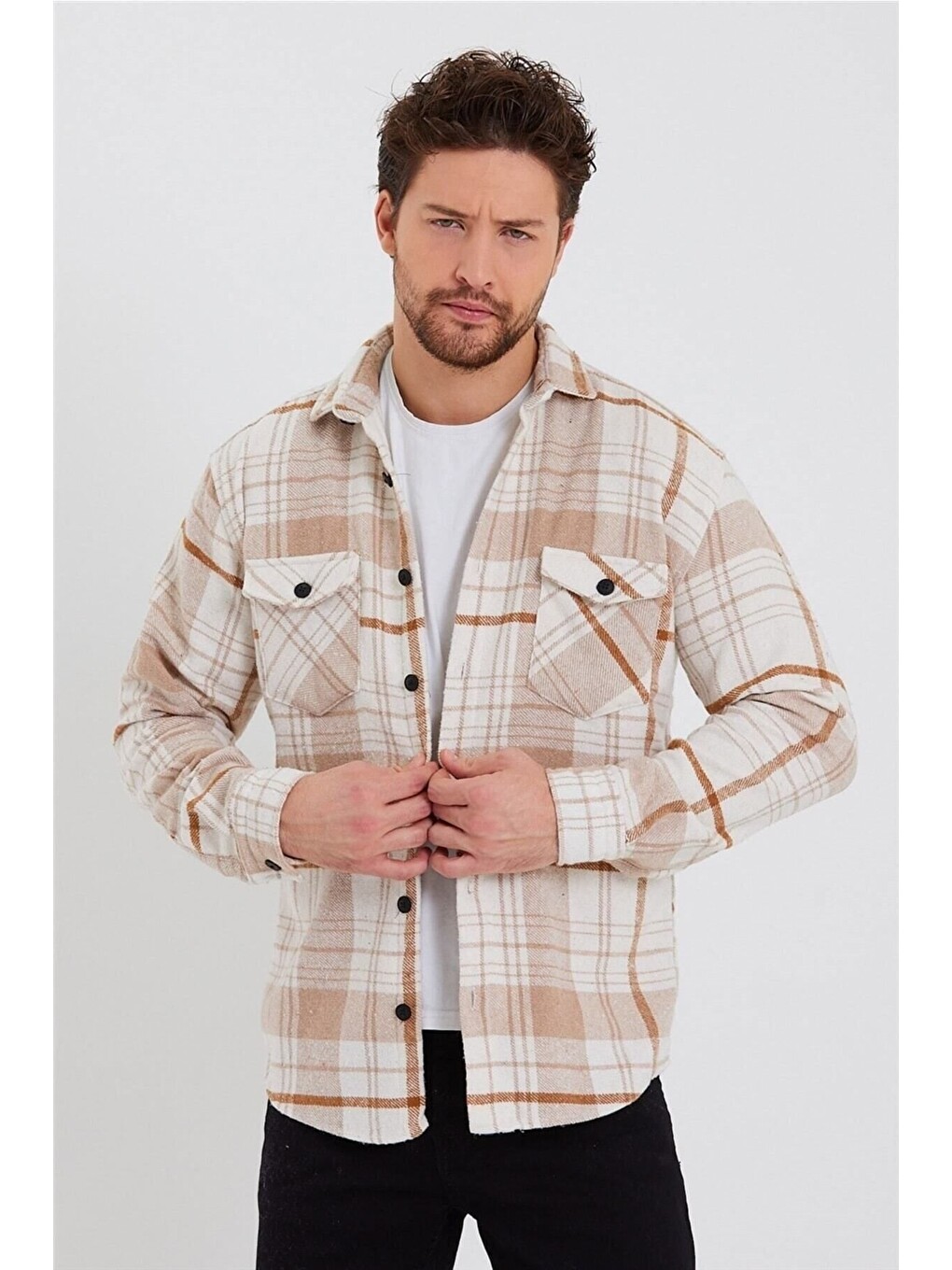 Erkek Kırık Beyaz Turuncu Çift Cep Kapaklı Slim Fit Oduncu Gömlek-3