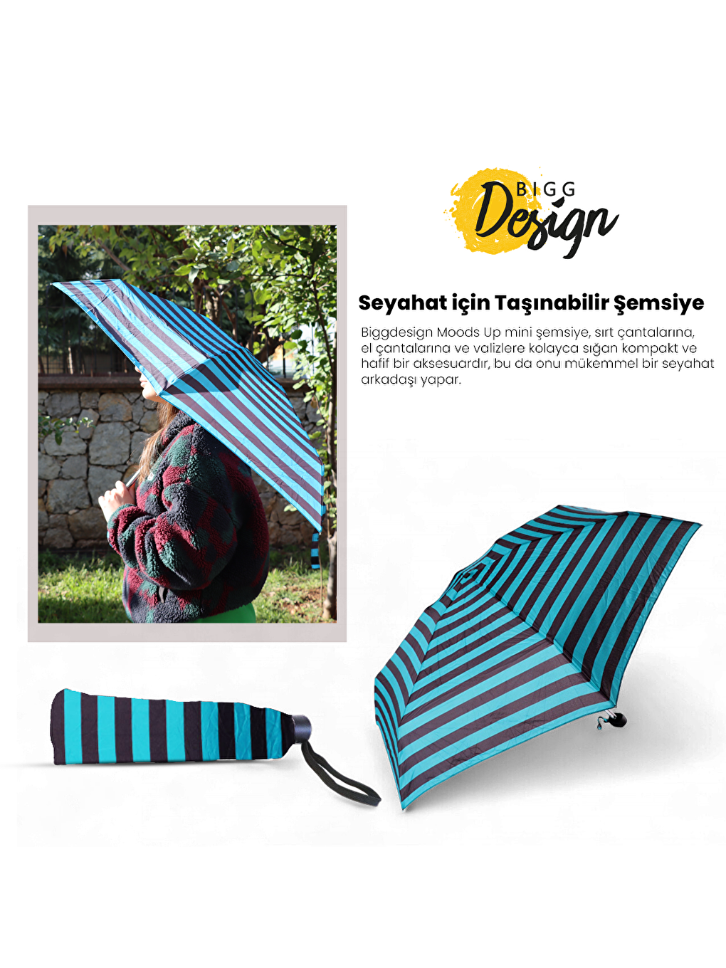 Moods Up Siyah Yeşil Çizgili Manuel Mini Şemsiye-5