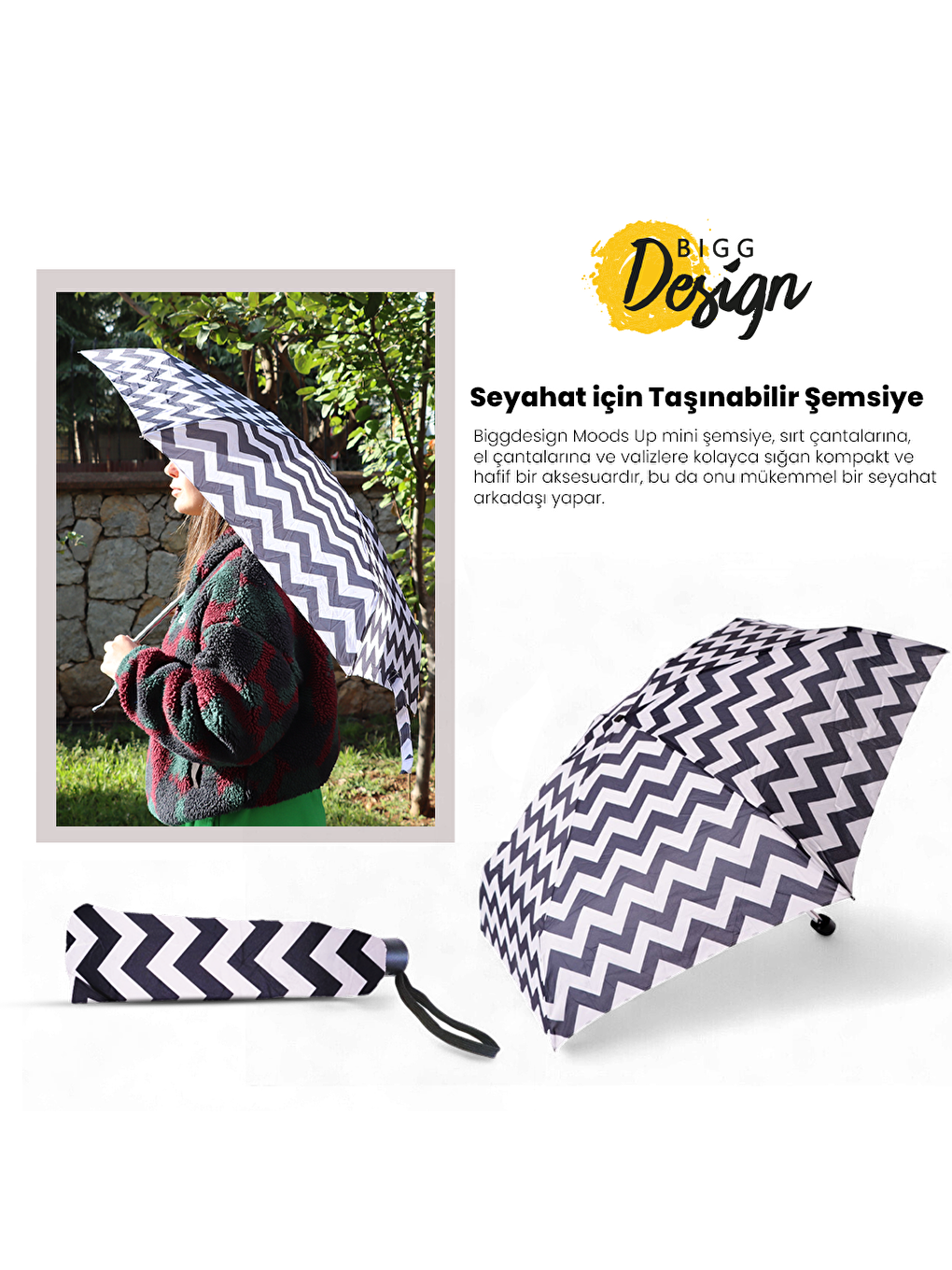 Biggdesign Moods Up Siyah Beyaz Zikzaklı Manuel Mini Şemsiye - 5