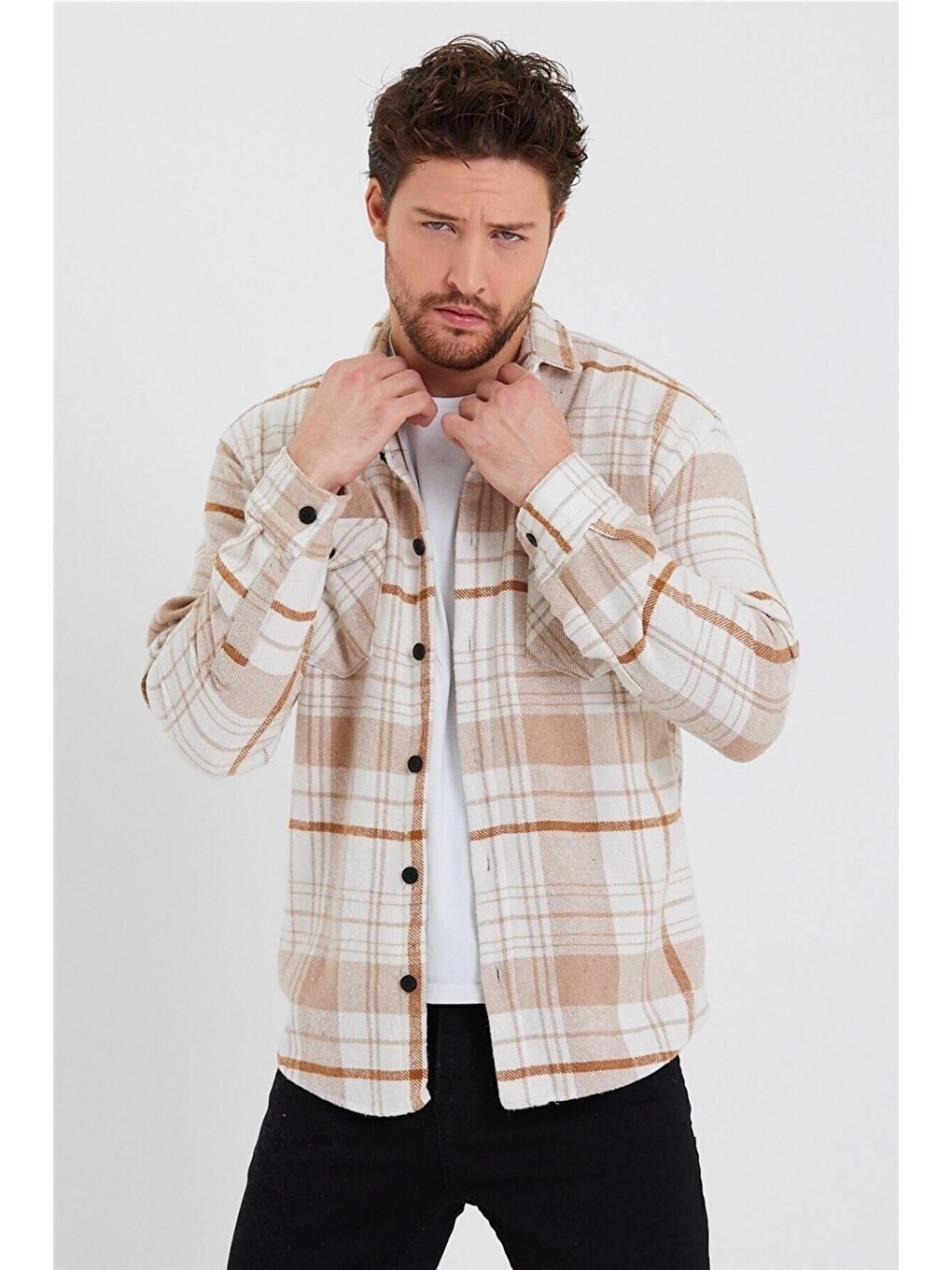Erkek Kırık Beyaz Turuncu Çift Cep Kapaklı Slim Fit Oduncu Gömlek-4
