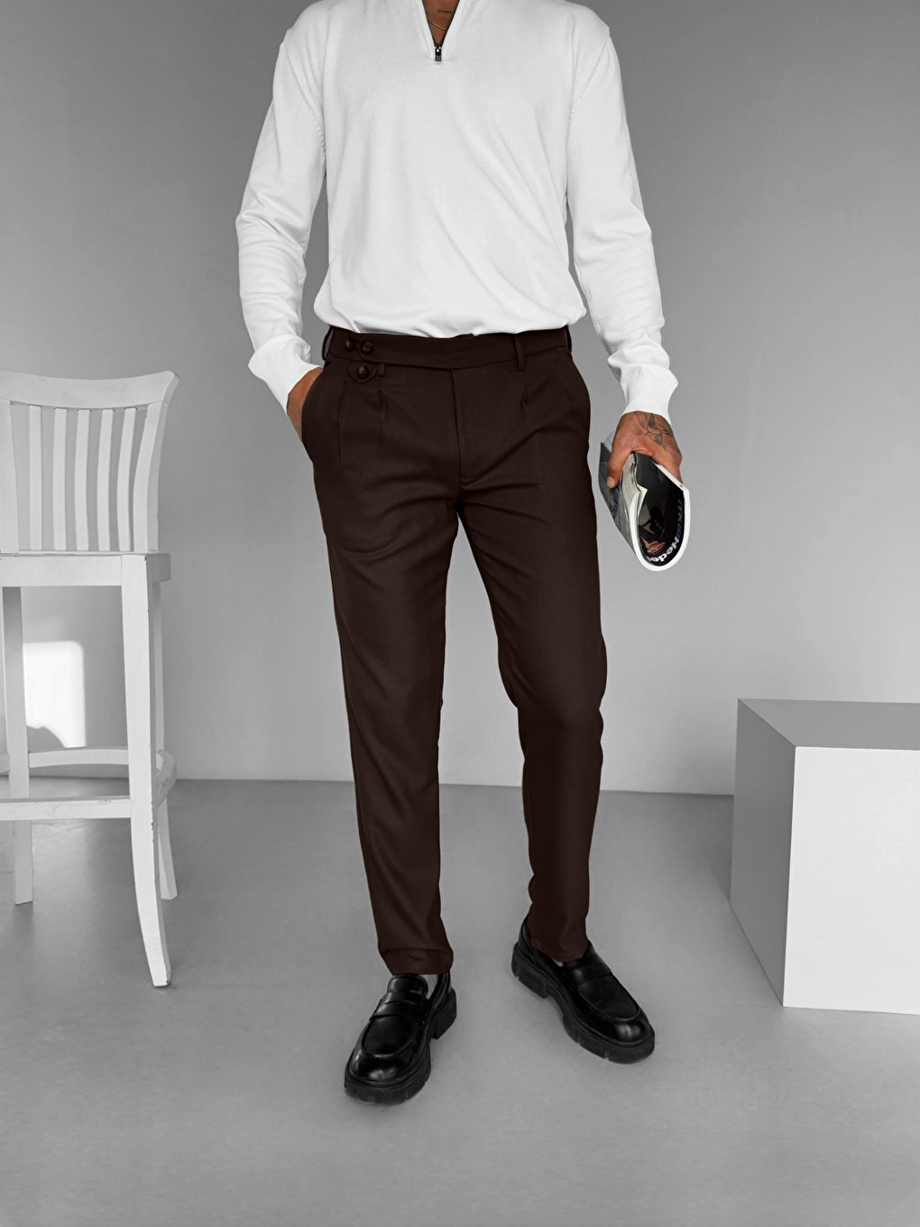 Kahverengi Pileli Kumaş Erkek Pantolon Kahve-1