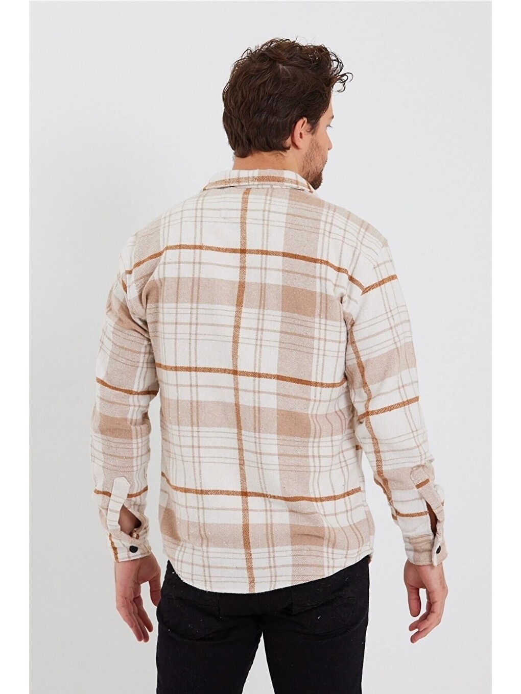 Erkek Kırık Beyaz Turuncu Çift Cep Kapaklı Slim Fit Oduncu Gömlek-5