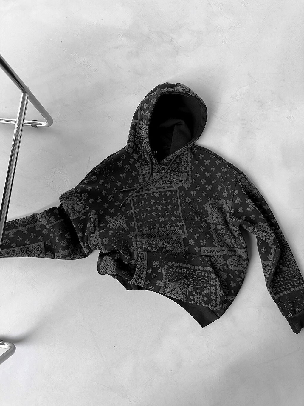 Oversize Desenli Kapüşonlu Sweatshirt Siyah-3
