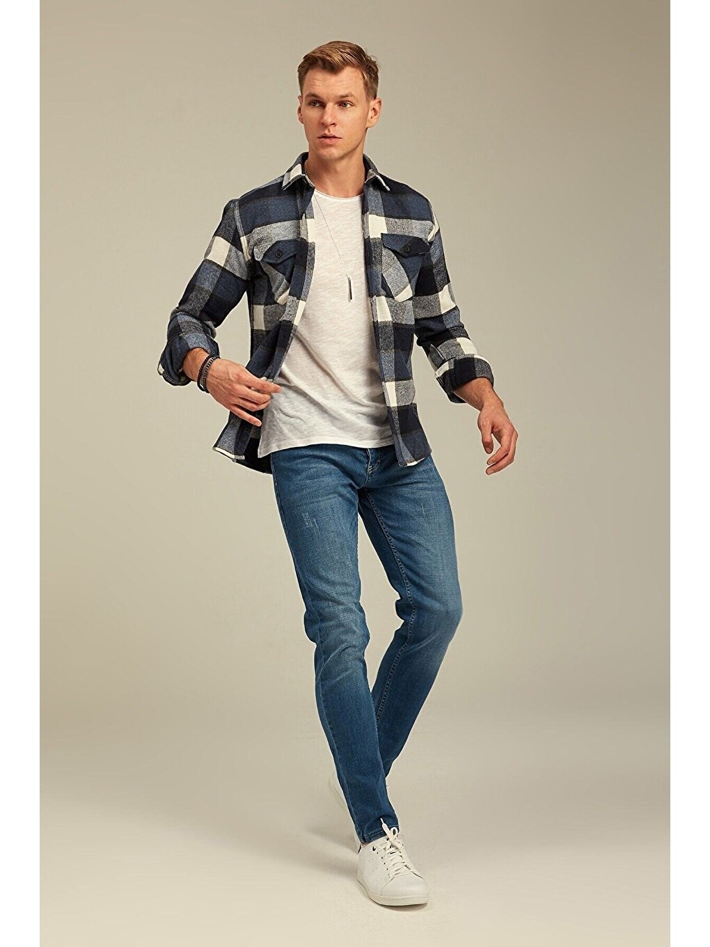 Mavi Erkek Slim Fit Düğmeli Yaka Çift Cepli Oduncu Ekose Gömlek-2