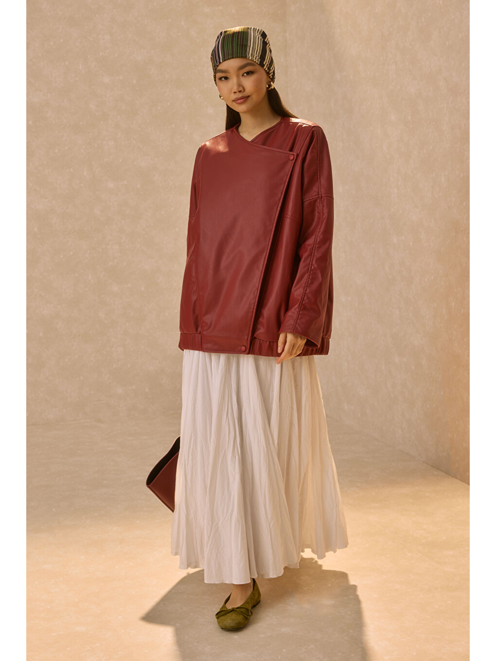 Asimetrik Kesim Deri Ceket Bordo-2