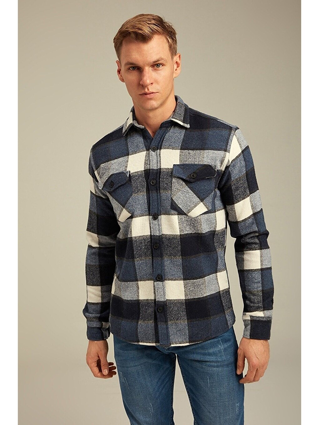 Mavi Erkek Slim Fit Düğmeli Yaka Çift Cepli Oduncu Ekose Gömlek-3