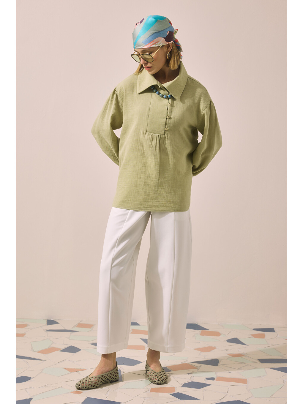 Yeşil Pat Detaylı Tunik Adaçayı