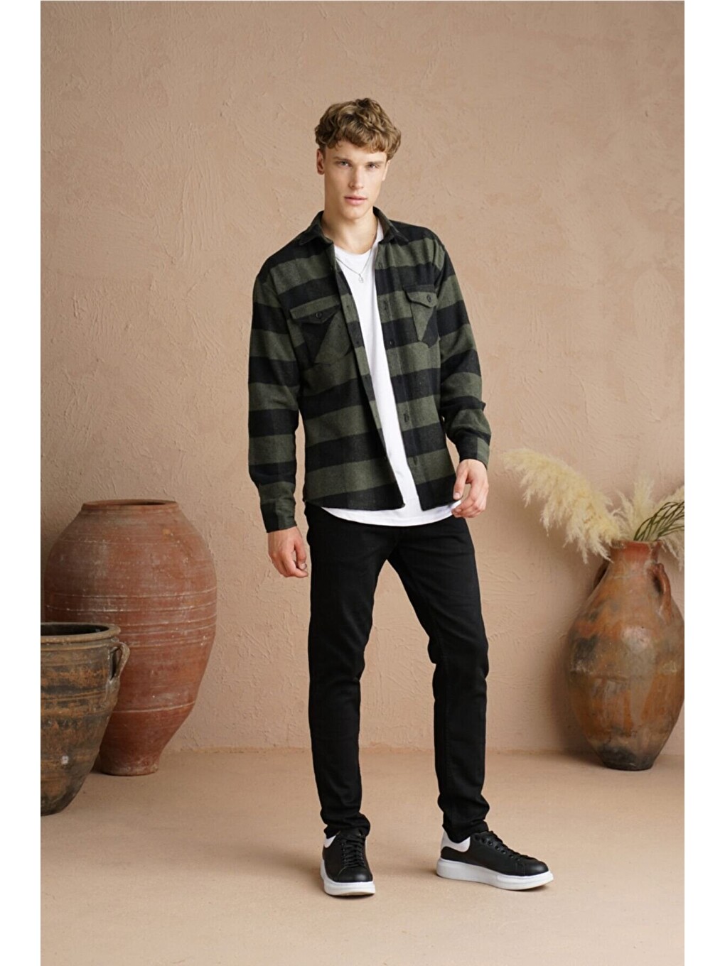 Haki Erkek Slim Fit Düğmeli Yaka Çift Cepli Oduncu Ekose Gömlek-2