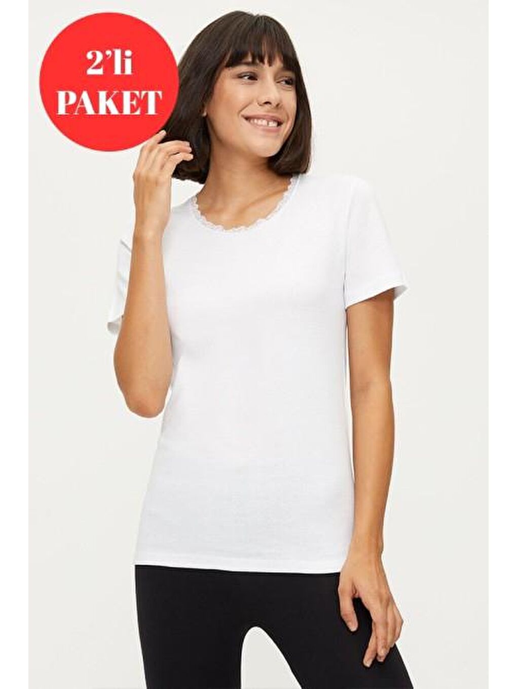 1032 %100 Pamuk Dantelli 2li Beyaz Fanila Tişört 2'LI-3