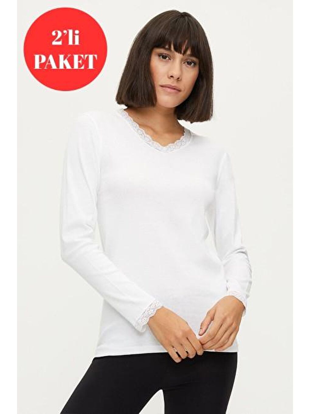 1033 %100 Pamuk Uzun Kollu 2li Beyaz Fanila Tişört 2'LI-3