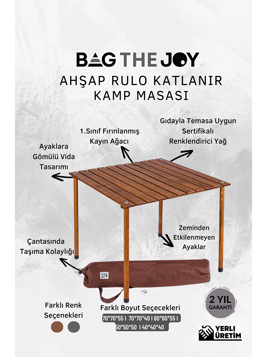 Bag The Joy Kahverengi 70*70*55cm Ahşap Katlanır Kamp Masası - Kahverengi - 5