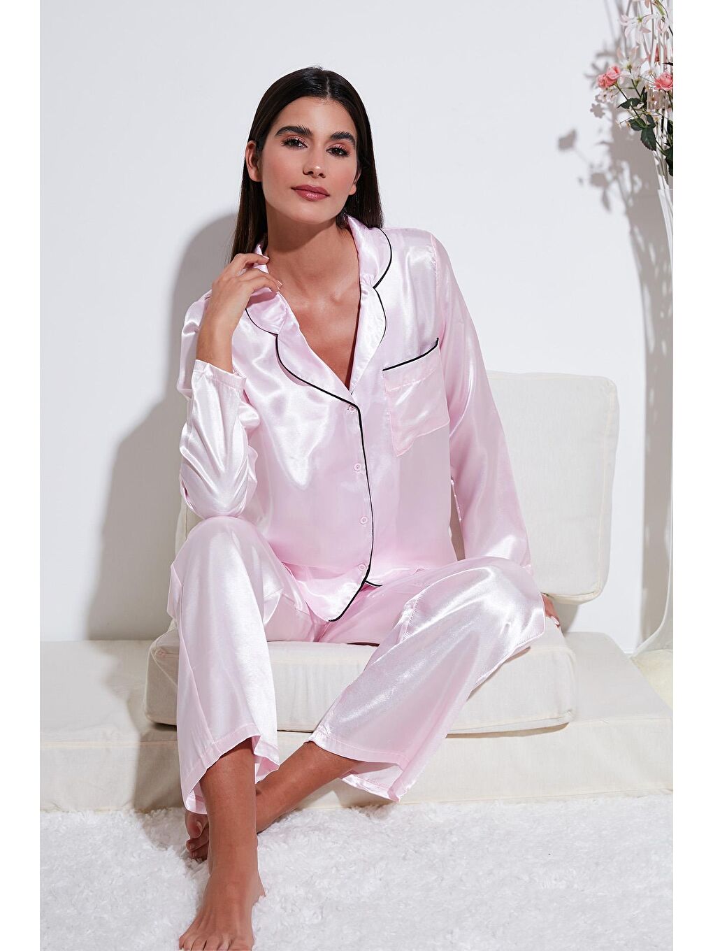 Lela Pembe Gömlek Yaka Rahat Kesim Bol Paça Saten Pijama Takımı 6110374