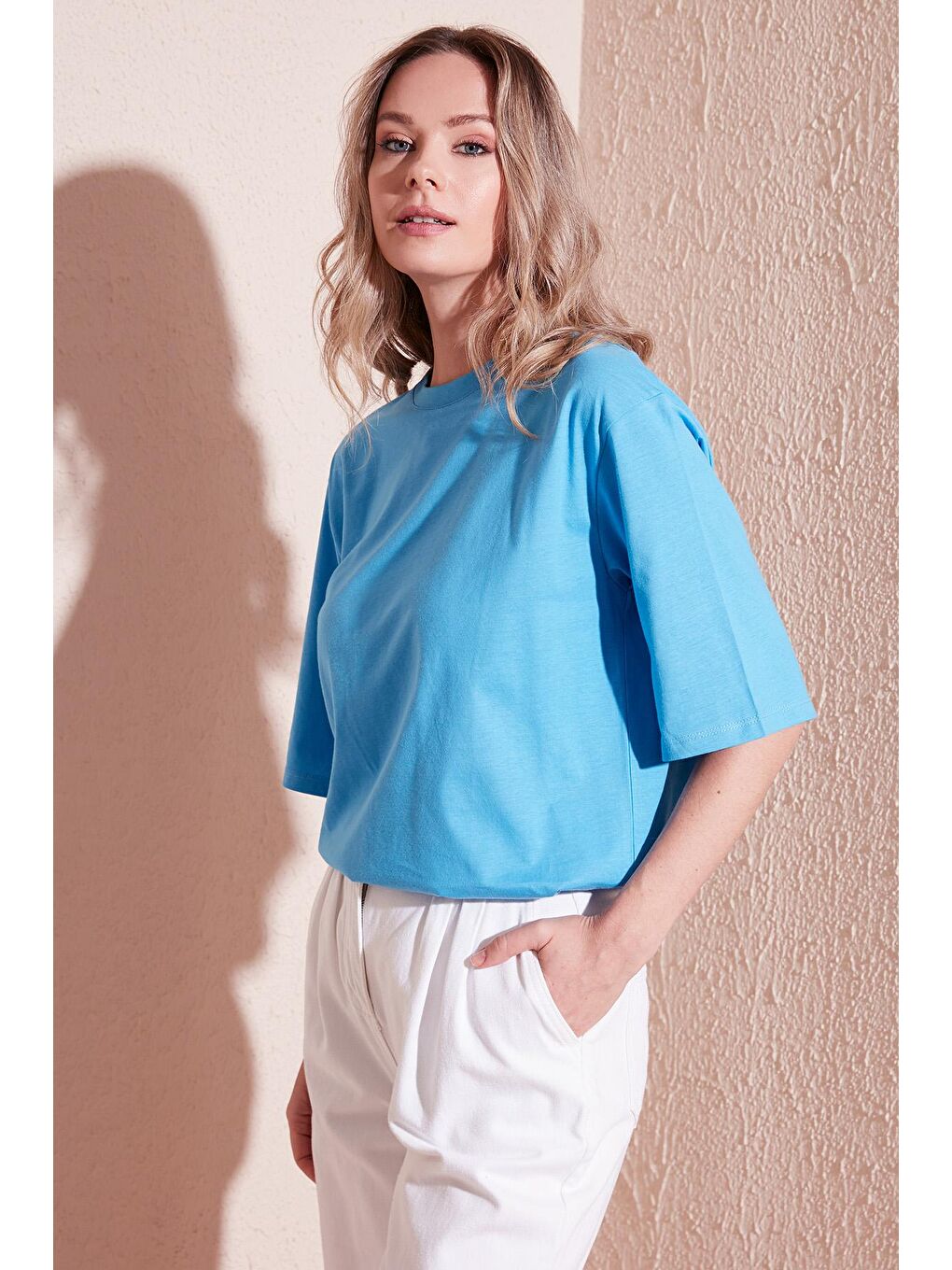 Lela Mavi Pamuklu Oversize Bisiklet Yaka T Shirt 5864562